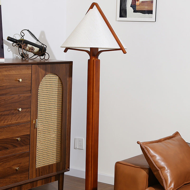 Traditional Vintage Round Cone Teak Cotton Fabric 1-Light Standing Floor Lamp For Living Room