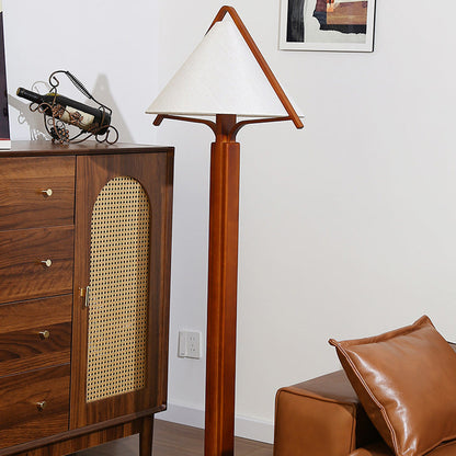 Traditional Vintage Round Cone Teak Cotton Fabric 1-Light Standing Floor Lamp For Living Room