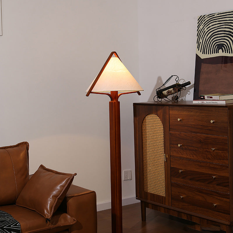 Traditional Vintage Round Cone Teak Cotton Fabric 1-Light Standing Floor Lamp For Living Room