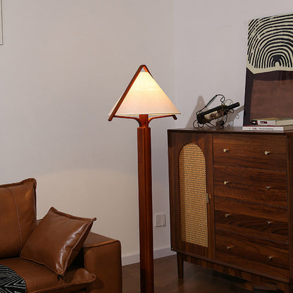 Traditional Vintage Round Cone Teak Cotton Fabric 1-Light Standing Floor Lamp For Living Room