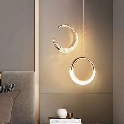 Modern Luxury Ring Moon Round Aluminum Hardware Acrylic LED Pendant Light For Bedroom