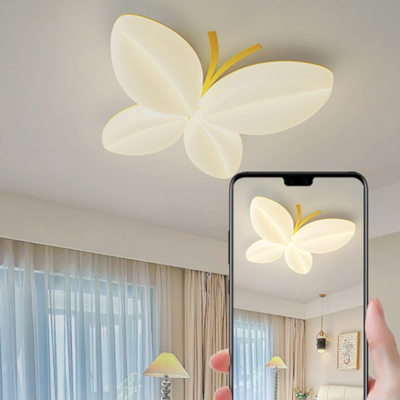 Modern Art Deco Cream Butterfly PE Iron LED Flush Mount Ceiling Light For Bedroom