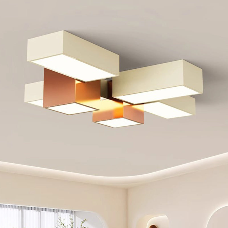 Modern Minimalist Cream Geometric Rectangle Square Iron Silicone LED Flush Mount Ceiling Light For Living Room