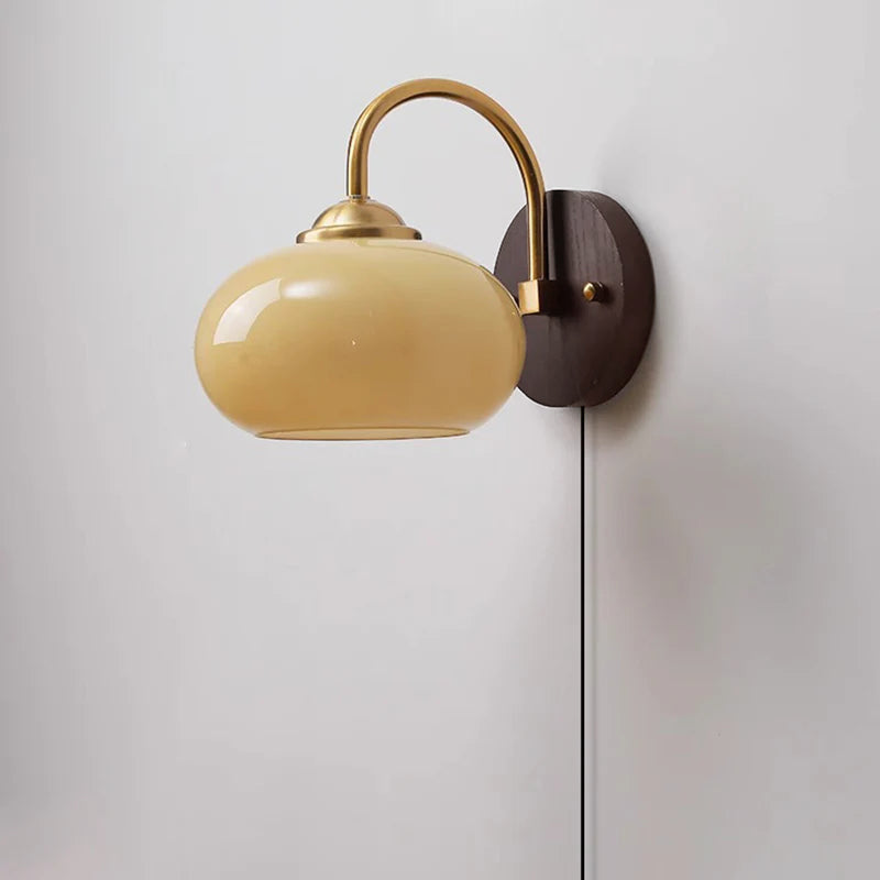 Modern Mid-Century Cream Round Oval Ash Wood Glass 1-Light Wall Sconce Lamp For Bedroom