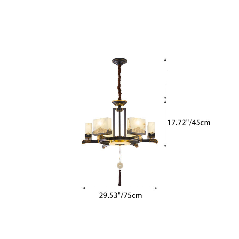 Traditional Chinese Square Round Copper Marble 6/8/10 Light Chandelier For Living Room