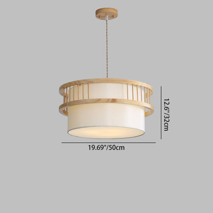 Traditional Japanese Round Cylinder Rubberwood Fabric 1-Light Pendant Light For Dining Room