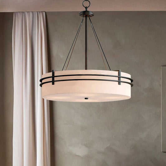 Traditional Japanese Round Cylinder Carbon Steel Linen 3/5 Light Chandelier For Living Room