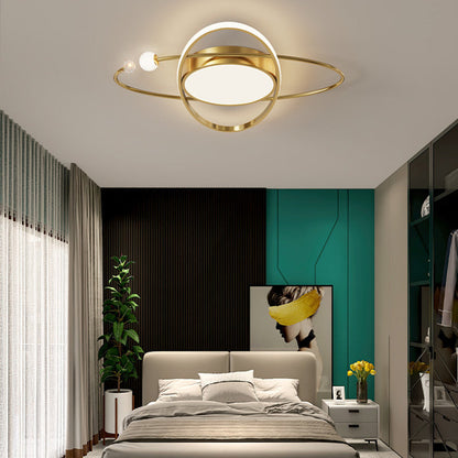 Contemporary Scandinavian Round Double Ring Dome Copper Acrylic LED Flush Mount Ceiling Light For Bedroom