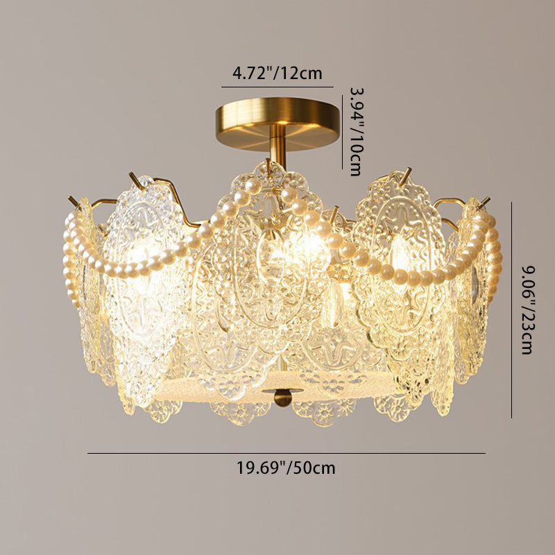 Traditional French Cream Pearl Iron Glass 5/6 Light Semi-Flush Mount Ceiling Light For Bedroom