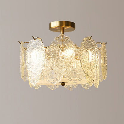 Traditional French Cream Pearl Iron Glass 5/6 Light Semi-Flush Mount Ceiling Light For Bedroom