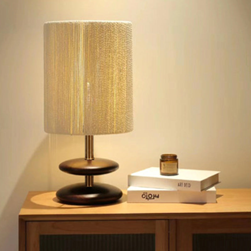 Modern Mid-Century Round Cylindrical Ash Wood Paper Rope Hardware 1-Light Table Lamp For Bedroom