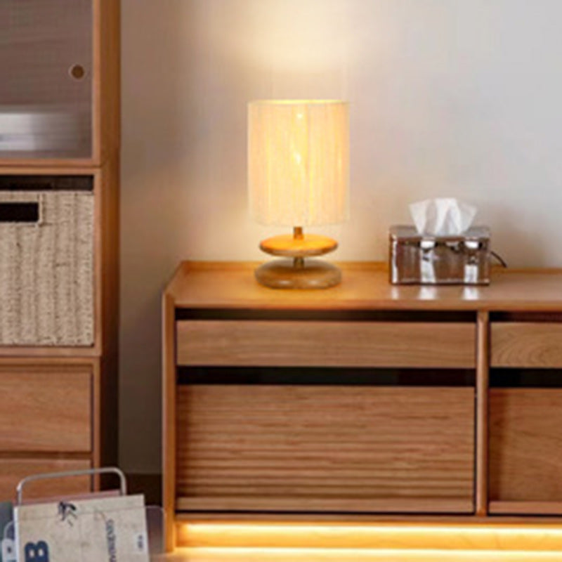 Modern Mid-Century Round Cylindrical Ash Wood Paper Rope Hardware 1-Light Table Lamp For Bedroom
