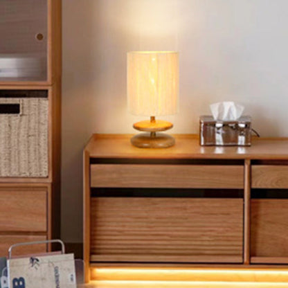 Modern Mid-Century Round Cylindrical Ash Wood Paper Rope Hardware 1-Light Table Lamp For Bedroom