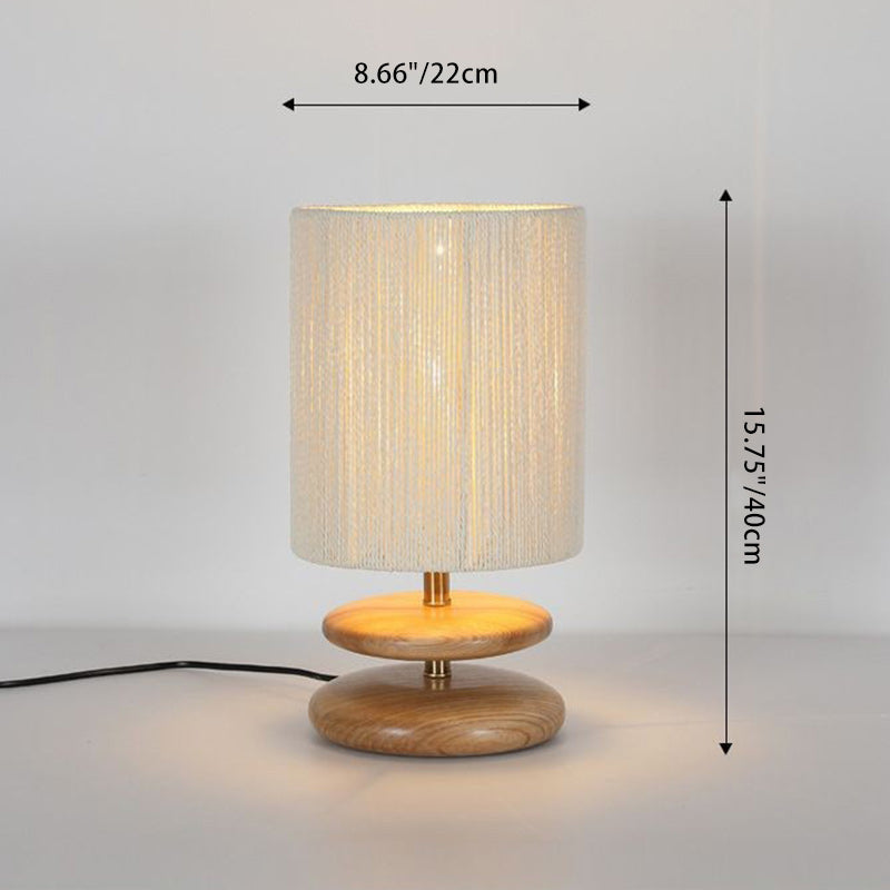 Modern Mid-Century Round Cylindrical Ash Wood Paper Rope Hardware 1-Light Table Lamp For Bedroom