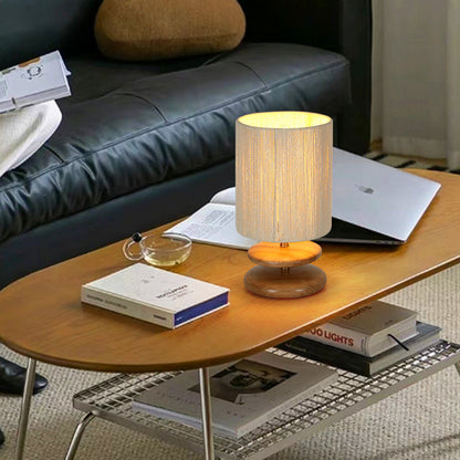 Modern Mid-Century Round Cylindrical Ash Wood Paper Rope Hardware 1-Light Table Lamp For Bedroom