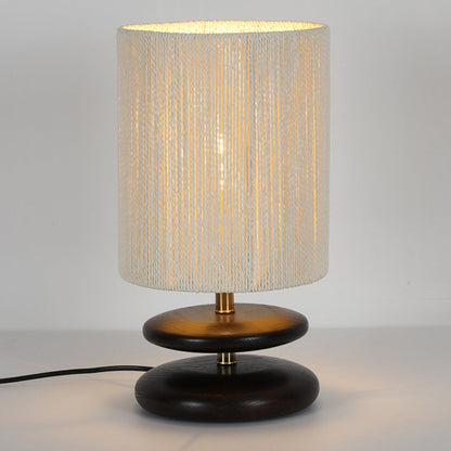 Modern Mid-Century Round Cylindrical Ash Wood Paper Rope Hardware 1-Light Table Lamp For Bedroom