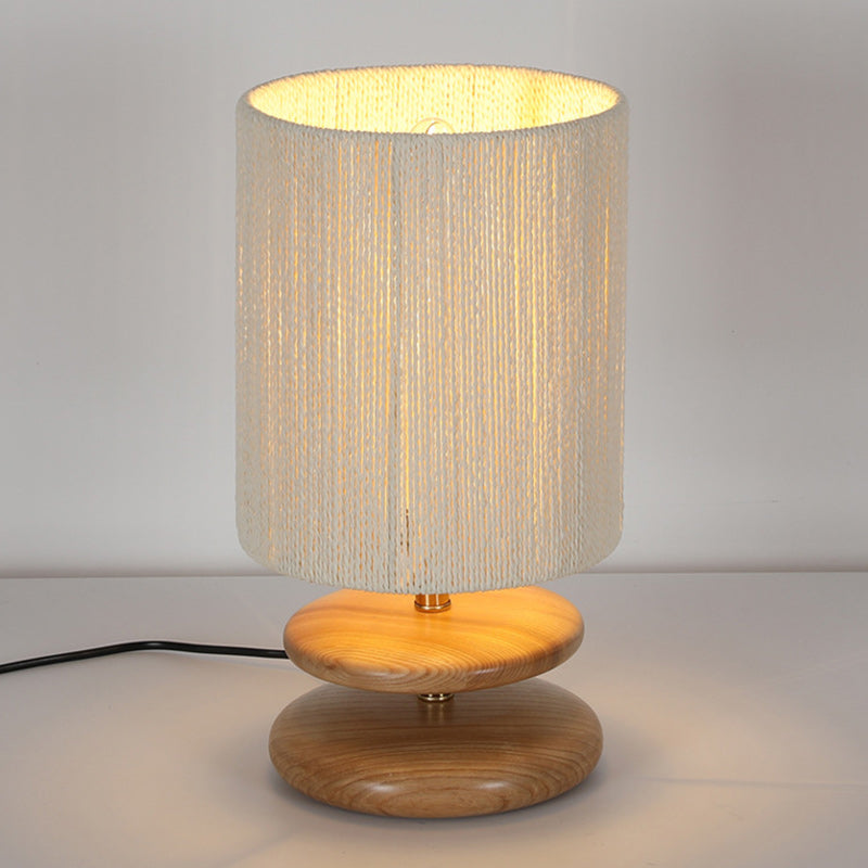 Modern Mid-Century Round Cylindrical Ash Wood Paper Rope Hardware 1-Light Table Lamp For Bedroom