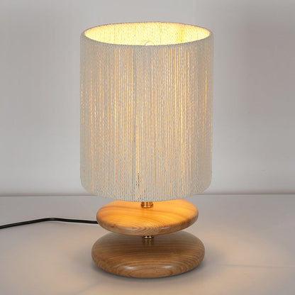 Modern Mid-Century Round Cylindrical Ash Wood Paper Rope Hardware 1-Light Table Lamp For Bedroom
