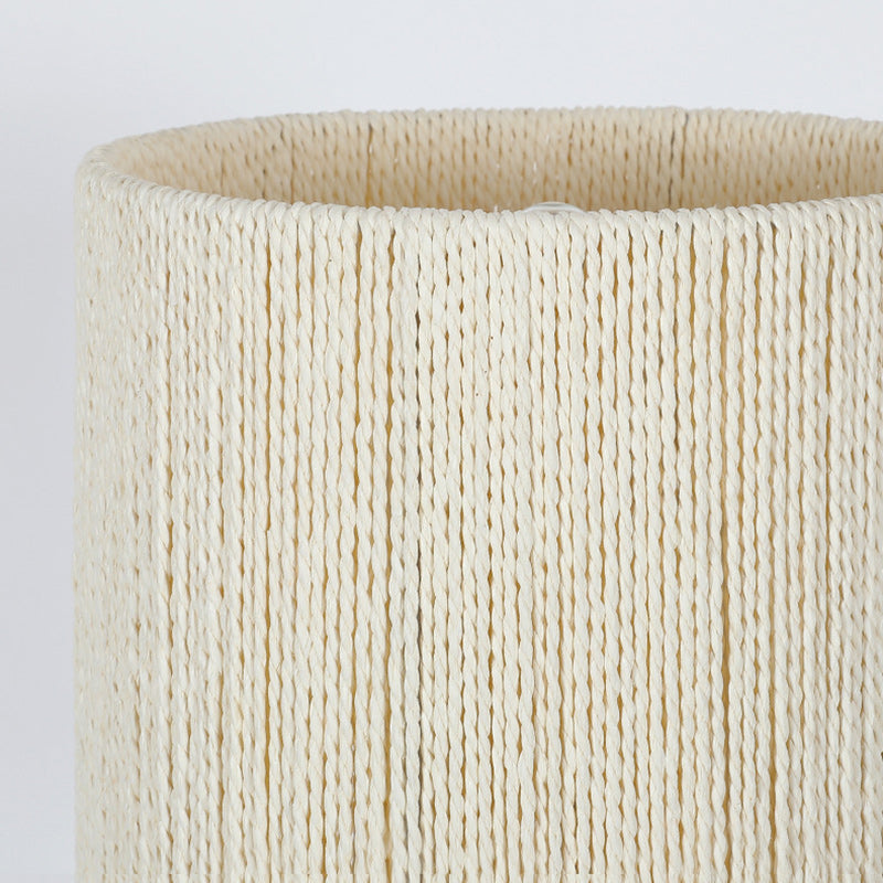 Modern Mid-Century Round Cylindrical Ash Wood Paper Rope Hardware 1-Light Table Lamp For Bedroom