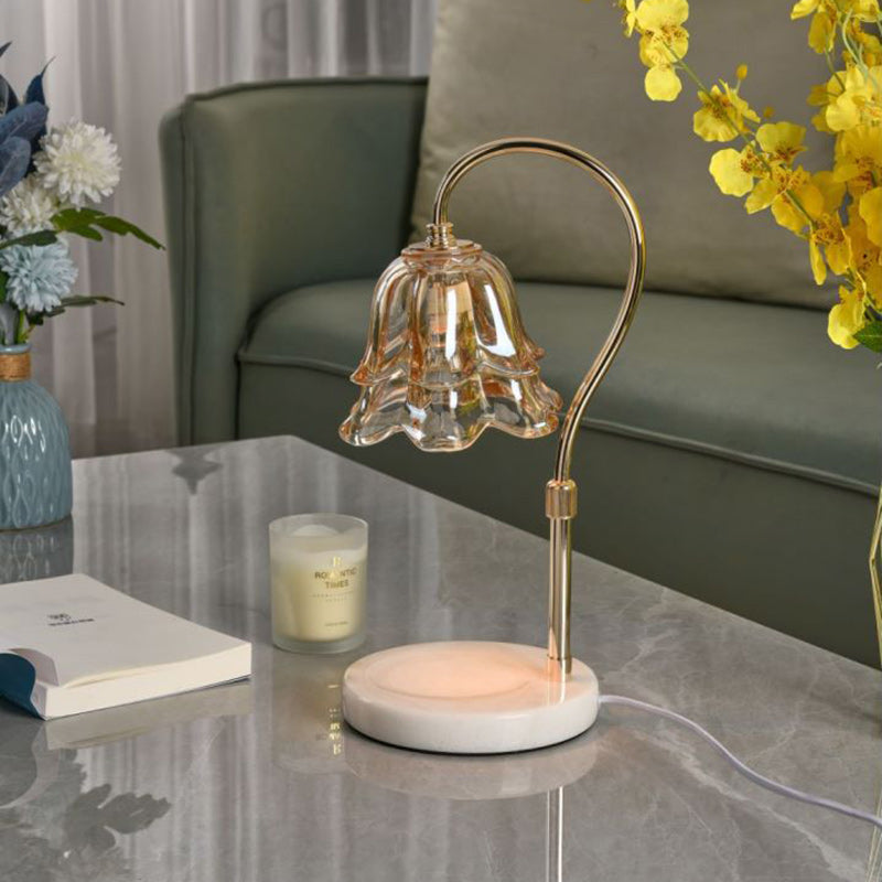 Modern Art Deco Liftable Flower Round Marble Iron Glass 2-Light Melting Wax Table Lamp For Bedroom