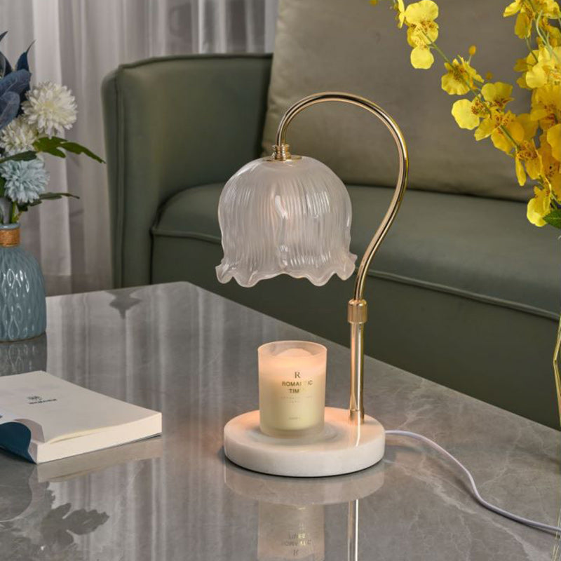 Modern Art Deco Liftable Flower Round Marble Iron Glass 2-Light Melting Wax Table Lamp For Bedroom