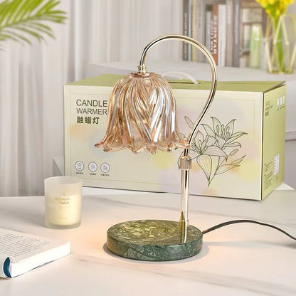 Modern Art Deco Liftable Flower Round Marble Iron Glass 2-Light Melting Wax Table Lamp For Bedroom
