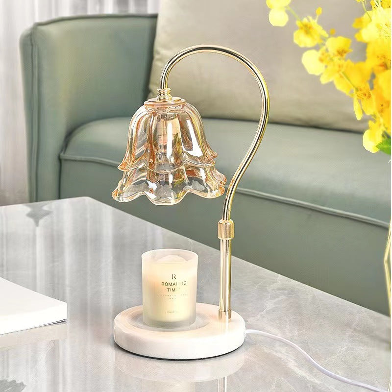 Modern Art Deco Liftable Flower Round Marble Iron Glass 2-Light Melting Wax Table Lamp For Bedroom