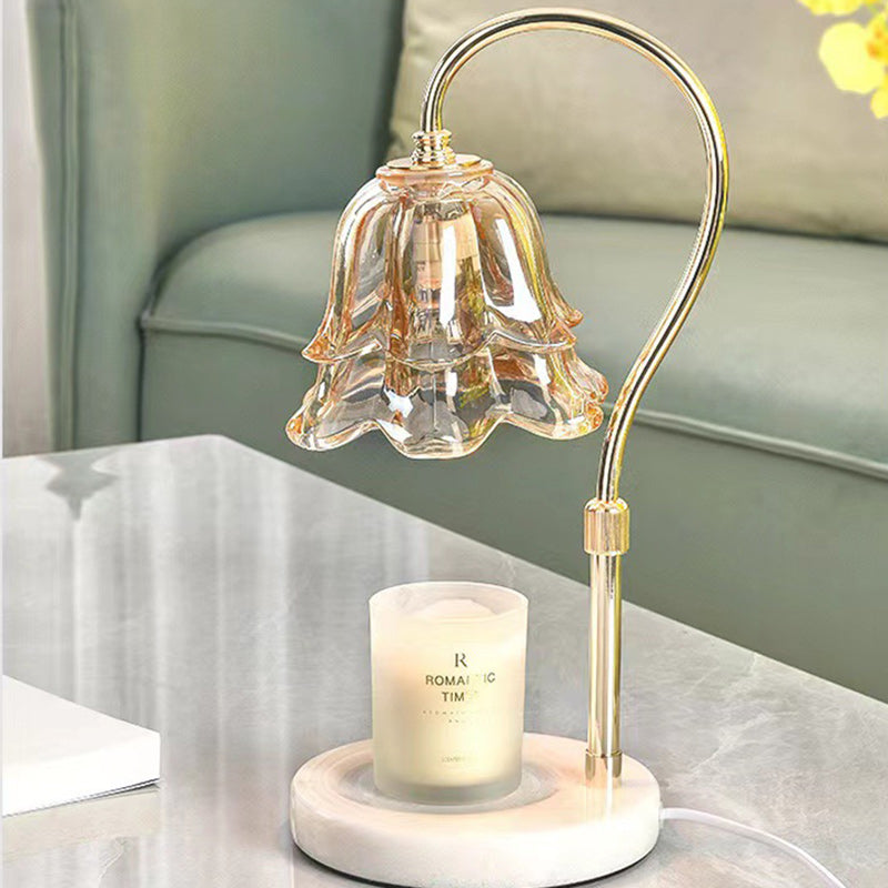 Modern Art Deco Liftable Flower Round Marble Iron Glass 2-Light Melting Wax Table Lamp For Bedroom