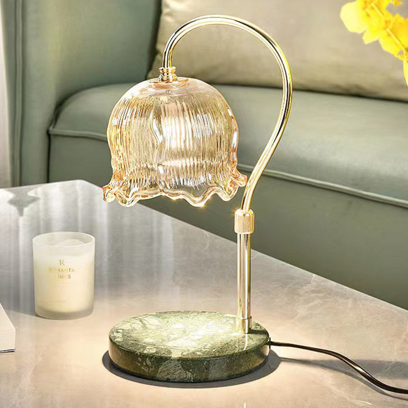 Modern Art Deco Liftable Flower Round Marble Iron Glass 2-Light Melting Wax Table Lamp For Bedroom