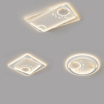 Contemporary Creative Round Square Rectangular Space Moon Iron Aluminum Silicone Acrylic Resin LED Flush Mount Ceiling Light For Bedroom