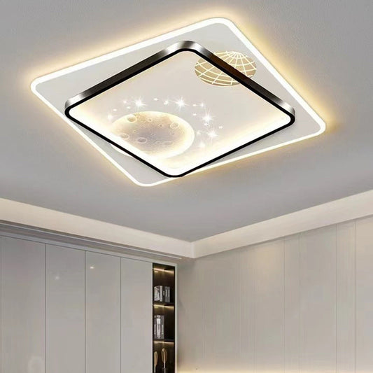 Contemporary Creative Round Square Rectangular Space Moon Iron Aluminum Silicone Acrylic Resin LED Flush Mount Ceiling Light For Bedroom