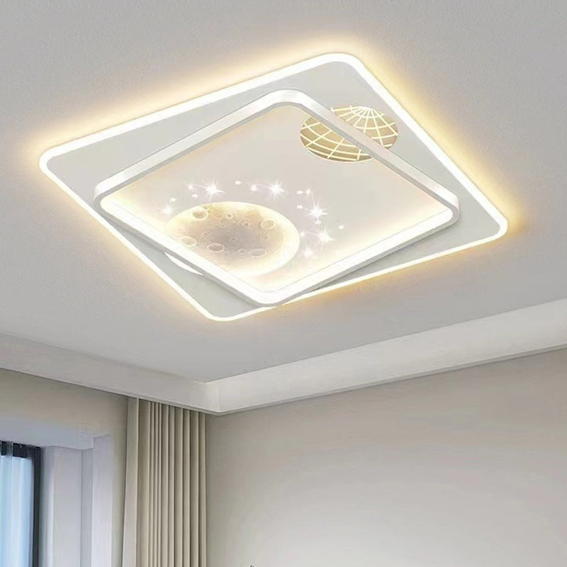 Contemporary Creative Round Square Rectangular Space Moon Iron Aluminum Silicone Acrylic Resin LED Flush Mount Ceiling Light For Bedroom