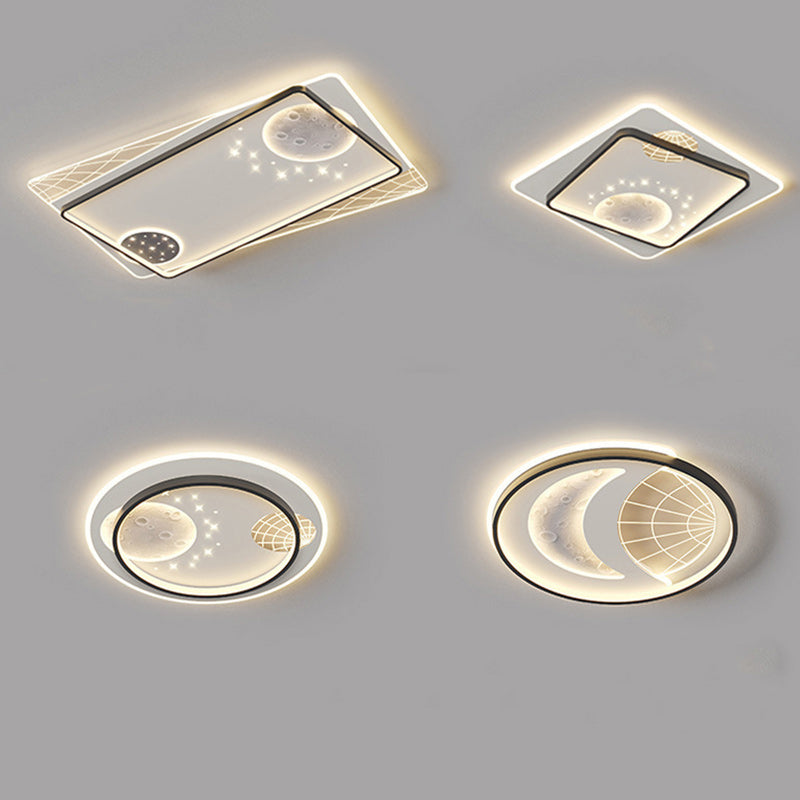 Contemporary Creative Round Square Rectangular Space Moon Iron Aluminum Silicone Acrylic Resin LED Flush Mount Ceiling Light For Bedroom