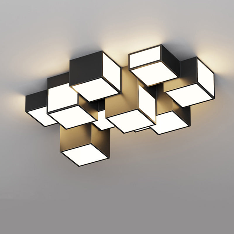 Contemporary Scandinavian Rubik's Cube Square Rectangle Iron Acrylic LED Flush Mount Ceiling Light For Bedroom