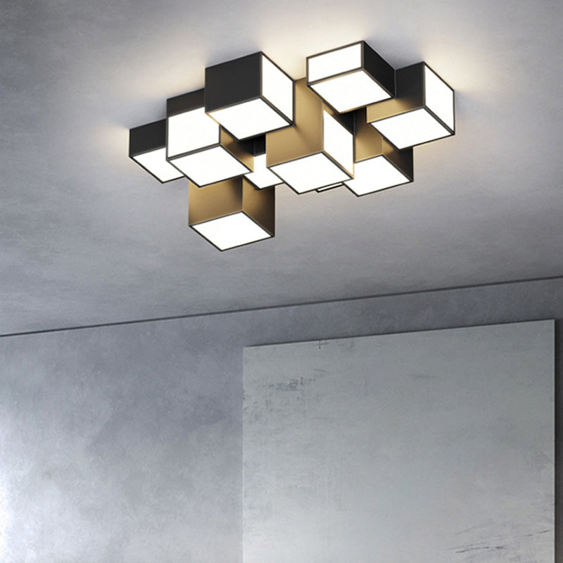 Contemporary Scandinavian Rubik's Cube Square Rectangle Iron Acrylic LED Flush Mount Ceiling Light For Bedroom