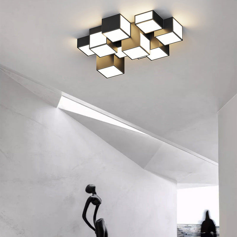 Contemporary Scandinavian Rubik's Cube Square Rectangle Iron Acrylic LED Flush Mount Ceiling Light For Bedroom