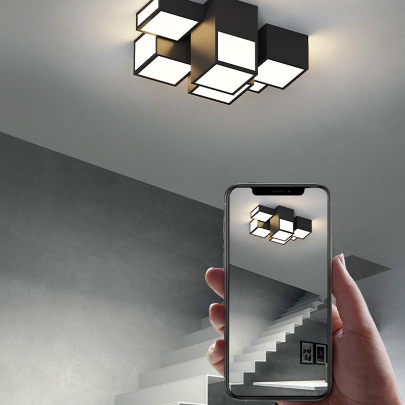 Contemporary Scandinavian Rubik's Cube Square Rectangle Iron Acrylic LED Flush Mount Ceiling Light For Bedroom