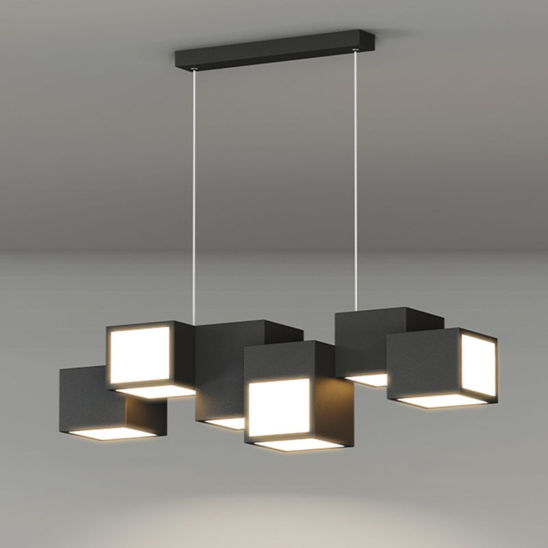 Contemporary Scandinavian Rubik's Cube Staggered Square Iron Acrylic LED Island Light Chandelier For Dining Room