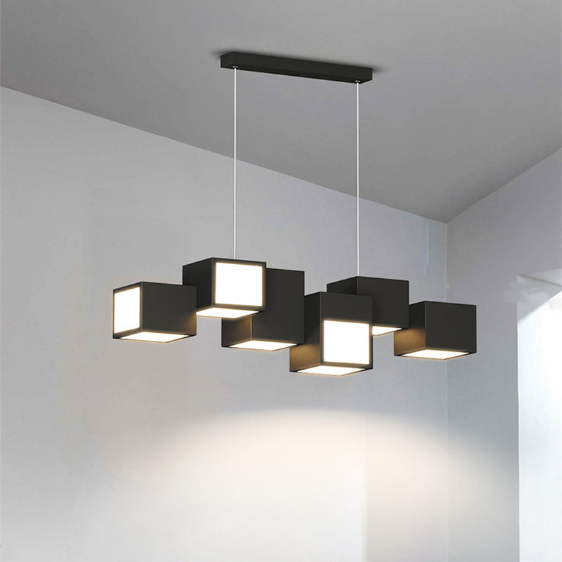 Contemporary Scandinavian Rubik's Cube Staggered Square Iron Acrylic LED Island Light Chandelier For Dining Room