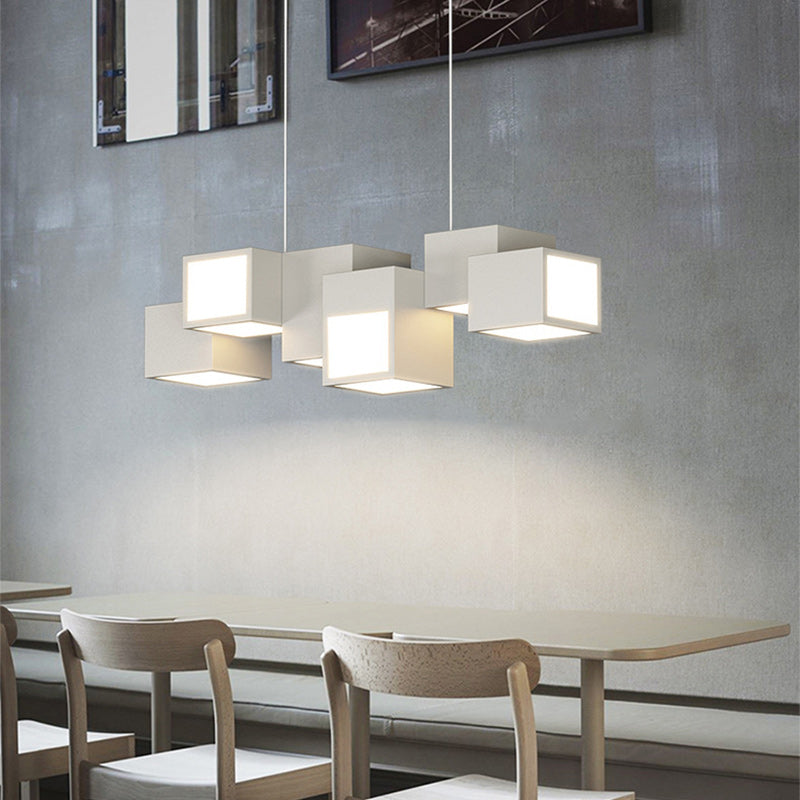 Contemporary Scandinavian Rubik's Cube Staggered Square Iron Acrylic LED Island Light Chandelier For Dining Room