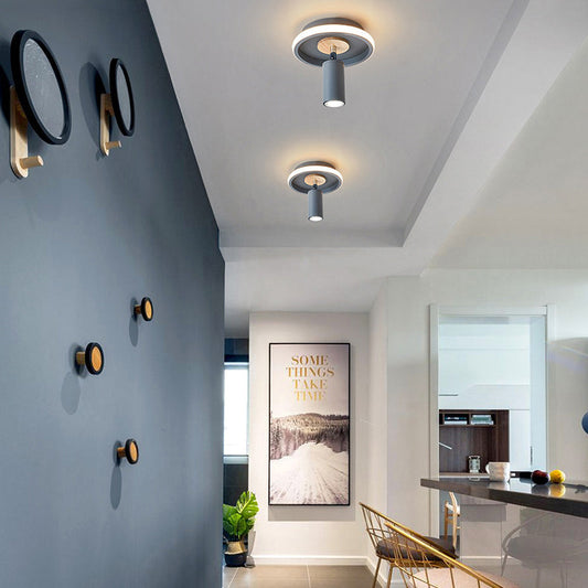 Contemporary Scandinavian Round Cylinder Iron Wood Acrylic LED Spotlight Semi-Flush Mount Ceiling Light For Bedroom