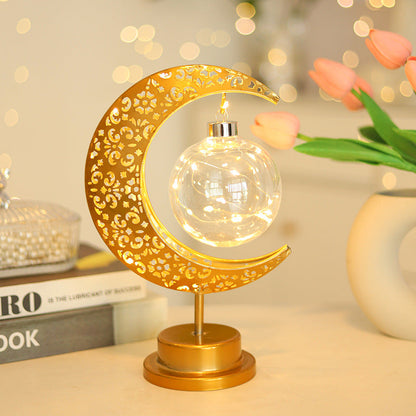 Contemporary Creative Moon Star Orb Bulb Shape Iron Glass Rattan LED Table Lamp For Bedroom