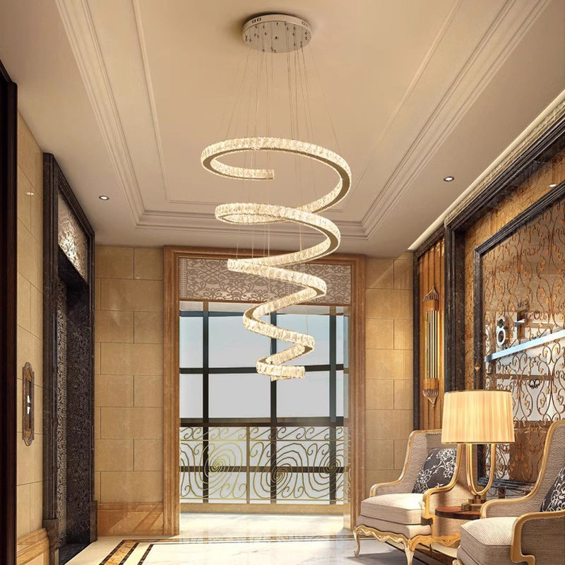 ثريا كريستال LED حديثة فاخرة من الفولاذ المقاوم للصدأ حلزونية لغرفة المعيشة