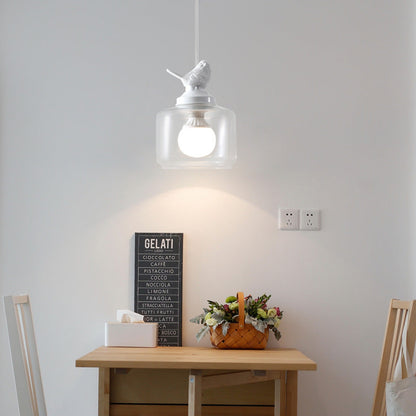 Contemporary Creative Bird Round Cylinder Resin Glass 1-Light Pendant Light For Dining Room