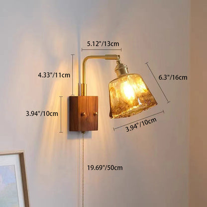 Traditional Vintage Square Cylinder Round Trapezoid Copper Glass 1-Light Wall Sconce Lamp For Bedroom