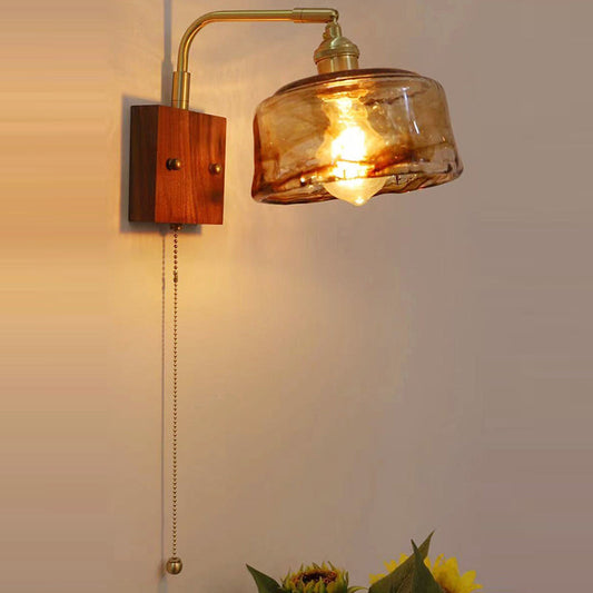 Traditional Vintage Square Cylinder Round Trapezoid Copper Glass 1-Light Wall Sconce Lamp For Bedroom