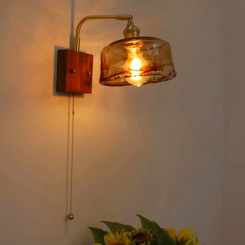 Traditional Vintage Square Cylinder Round Trapezoid Copper Glass 1-Light Wall Sconce Lamp For Bedroom