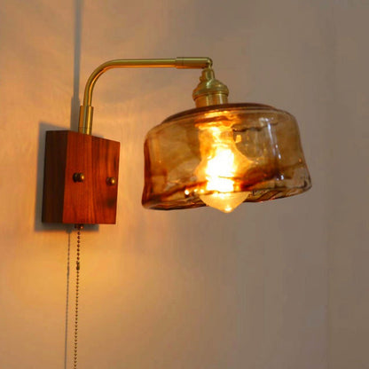 Traditional Vintage Square Cylinder Round Trapezoid Copper Glass 1-Light Wall Sconce Lamp For Bedroom