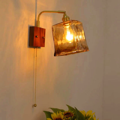 Traditional Vintage Square Cylinder Round Trapezoid Copper Glass 1-Light Wall Sconce Lamp For Bedroom