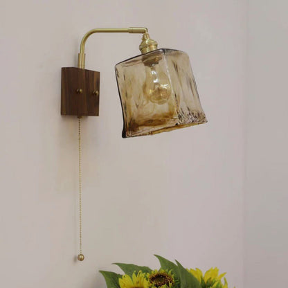 Traditional Vintage Square Cylinder Round Trapezoid Copper Glass 1-Light Wall Sconce Lamp For Bedroom